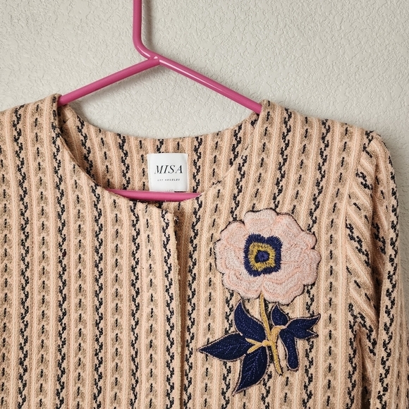 MISA NOEMIE Tweed Floral Embroidered metallic full zip jacket bell sleeve XS - Picture 4 of 11